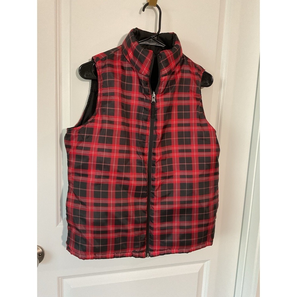 Merona Reversible Puffer Vest Womens Medium Black Plaid Jacket Fall Layering M